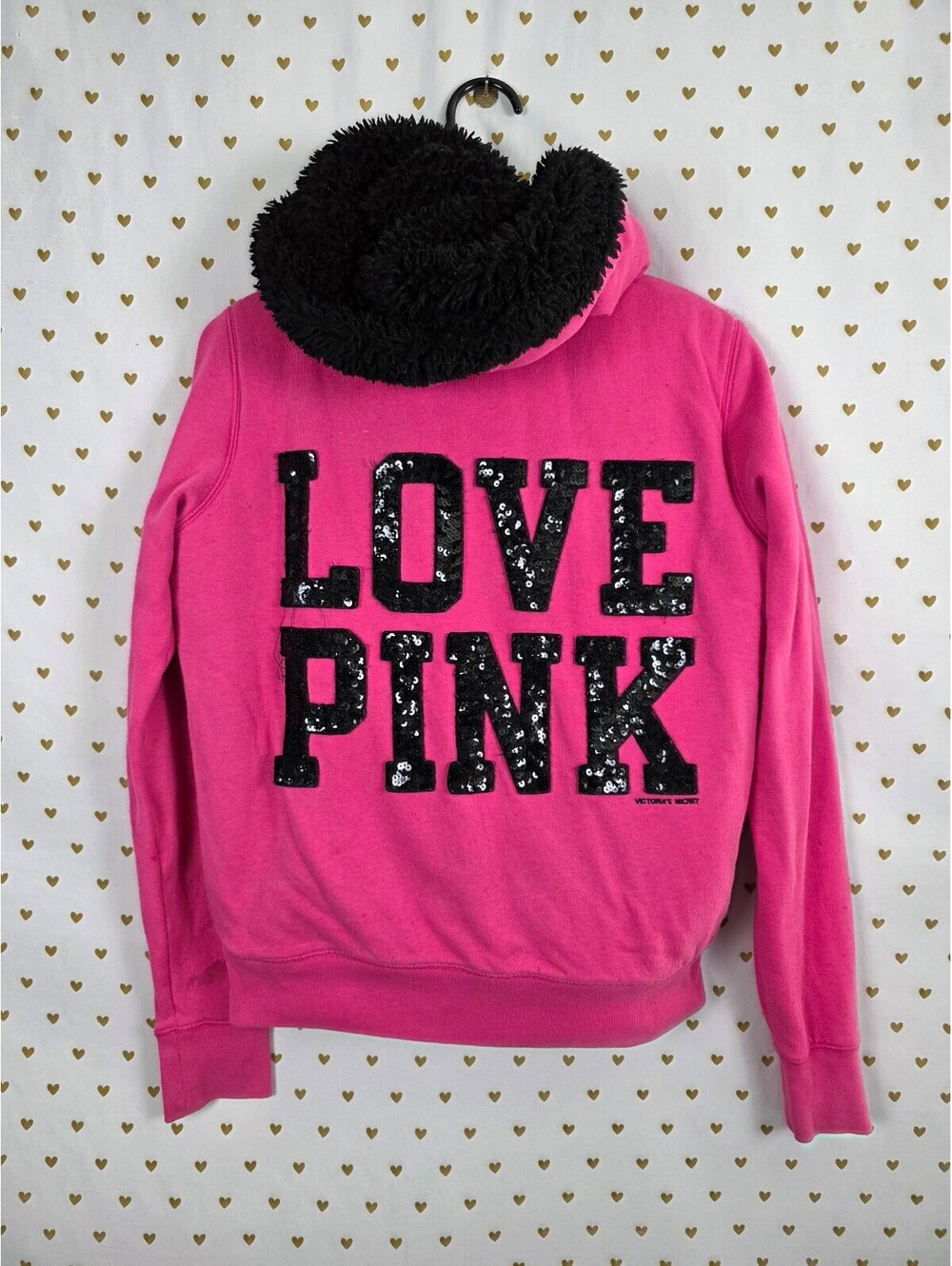 Victorias Secret Pink Bling Fur Lined Full Zip Hoodie Jacket Sequined coat Small